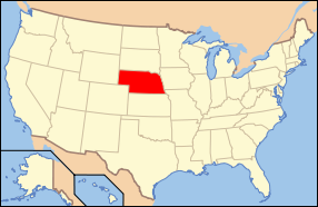 Map of the United States of America USA showing the location of Nebraska.