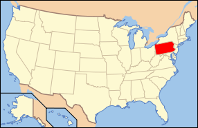 Map of the United States of America USA showing the location of Pennsylvania.